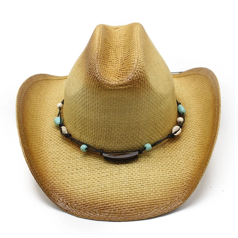 Western Cowboy Paper Straw Hat Vintage Wide Brim Sun Protection Beach Vacation Ethnic Style With Beads Shells