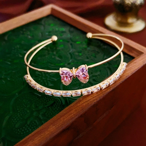 Elegante Roze Zirkoon Boog Dubbele Laag Open Bangle Voor Vrouwen Vergulde Koperen Armband Met Cubic Zirconia Strikje