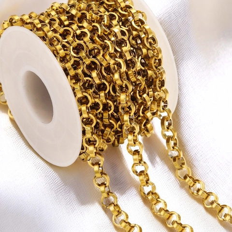 6mm Stainless Steel Rolo Chain For DIY Jewelry Making Hip Hop Heavy Metal Bag Chain Steel Gold Color Sold By Meter