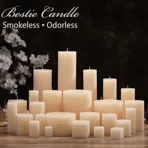 Unscented Pillar Candles Smokeless Paraffin Wax Decorative For Home Wedding Party Romantic Ivory White Aesthetic