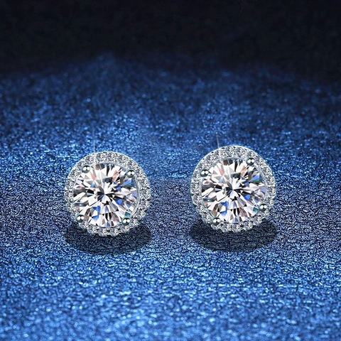 Round Halo Stud Earrings With 925 Sterling Silver Earring Post Moissanite Sparkling Minimalist Jewelry For Women