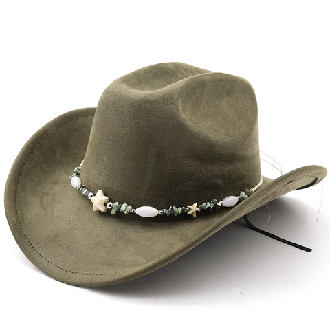Cappello Da Cowboy Western Scamosciato Sintetico Fascia Con Perline Stella Marina Tesa Larga Stile Viaggio Esterno Uomo Donna