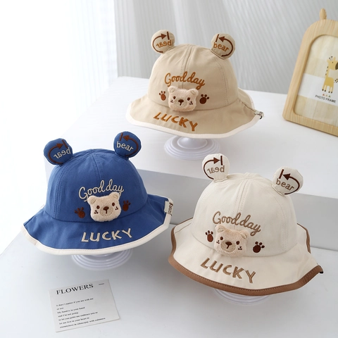 Kids Bucket Hat Cotton Blend Sun Protection Cute Cartoon Bear 3D Ears Embroidery Windproof Sunshade For Toddlers