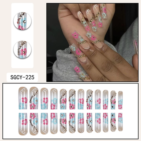 Lange Sarg Aufpressnägel Mit Blumendesign Und Strass Goldketten Akzenten Pink Blaue Glänzende Künstliche Nagelspitzen