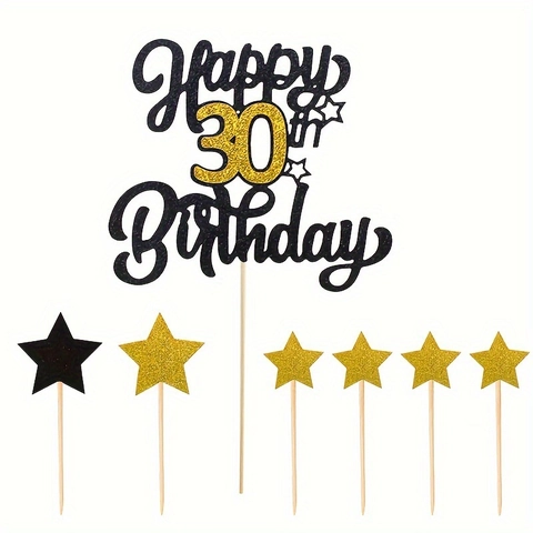 Glitter Happy Birthday Cake Topper Decoration Black Gold Paper Star Picks Anniversary Party Baking Dessert Table Decor