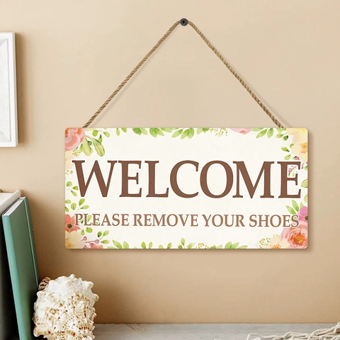 Welcome Please Remove Your Shoes Wood Hanging Sign Floral Pattern Rustic Entryway Door Plaque With Hemp Rope Home Decor
