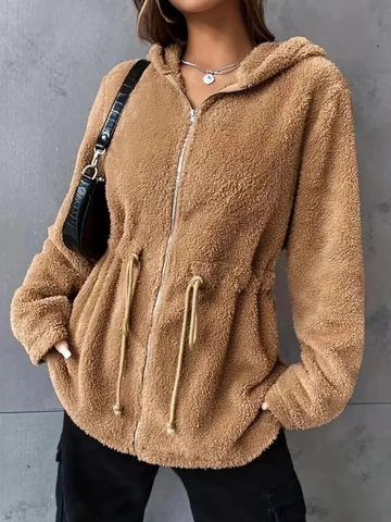 Dames Teddy Fleece Hoodie Jas Pluizige Sherpa Rits Jas Met Taillekoord Casual Warme Bovenkleding Voor Herfst Winter