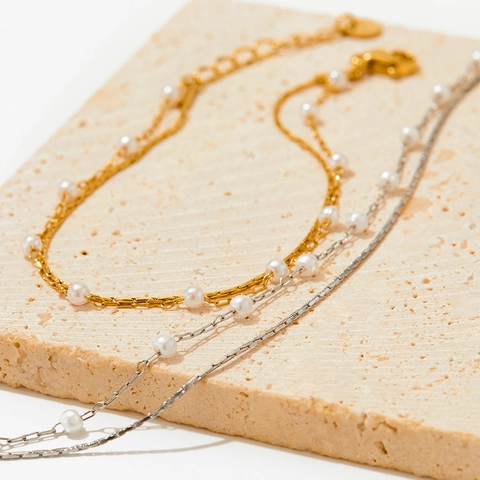 Set di Collana e Bracciale in Acciaio Inossidabile Multistrato Vintage Con Perle Artificiali Doppia Catena Gioielli Donna