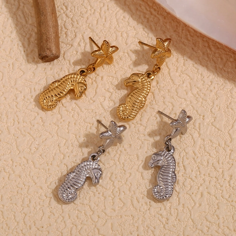 Pendientes Colgantes De Caballito De Mar Y Estrella De Mar Para Mujer Acero Inoxidable Vintage Estilo Océano Joyería