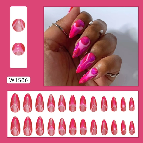 Faux Ongles À Presser Forme Amande Rose Rouge Motif Vagues Paillettes Brillant Ongles Amovibles Pour Femmes Manucure Mode