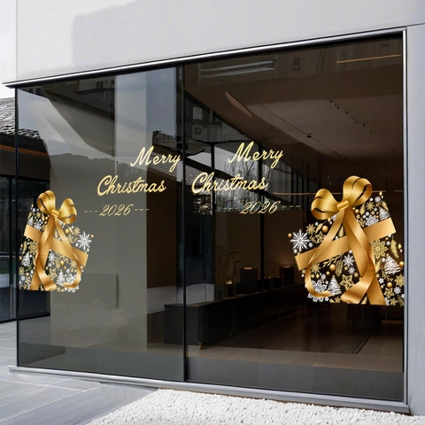 Christmas 2026 Gold Gift Box And Snowflake Window Stickers Static Cling PVC Glass Decals For Holiday Shop Decor