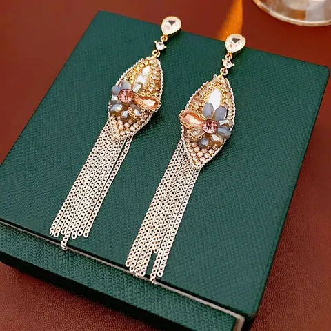 Flower Tassel Earrings Copper Rhinestone Chain With 925 Sterling Silver Earring Post Retro Ethnic Luxury Dangle