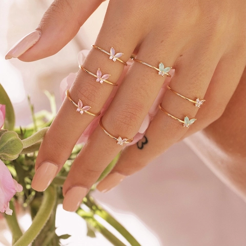 Copper Colorful Zirconia Ring For Women Cute Bear Heart Flower Butterfly Adjustable Gold Plated Sweet Fashion Jewelry Finger Ring