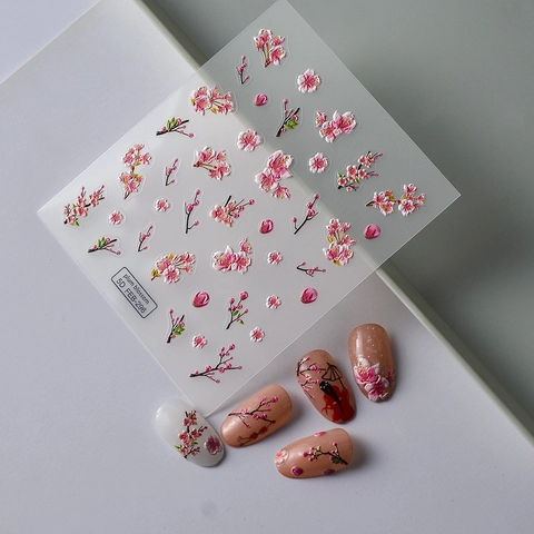Pegatinas para Uñas en Relieve 5D Estilo Chino Flor de Ciruelo Bambú Autoadhesivas Vintage Calcomanías para Uñas Mujer Decoración