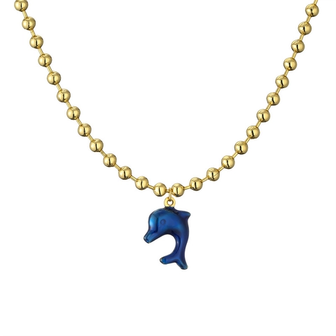 Dolphin Pendant Necklace Copper Real Gold Plated Enamel Animal Charm Bead Chain Ocean Beach Style Jewelry