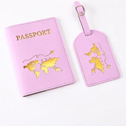 Passport Holder And Luggage Tag Set PU Leather Gold Stamping World Map Plane Travel Accessories Men Women