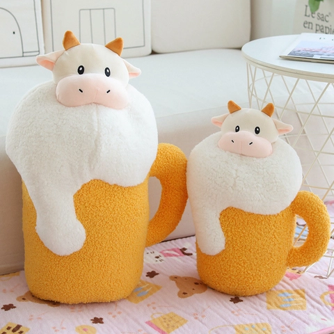 Cow Beer Mug Plush Toy Shorn Fleece Soft Stuffed Animal Funny Cartoon Pillow Novelty Birthday Gift Home Decor