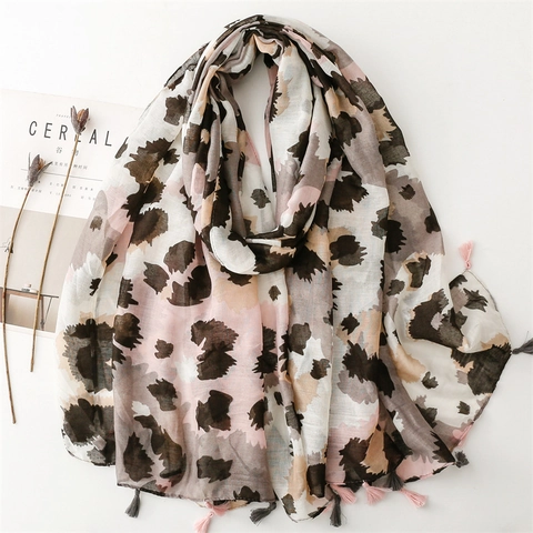 Sciarpa Donna Stampa Leopardata Scialle Leggero Poliestere Voile Astratto Moda Foulard Con Nappe Elegante Accessorio Sole