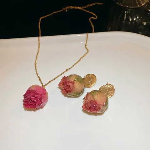 Halskette Und Ohrstecker Mit Echter Getrockneter Rose Gold Vergoldet Edelstahl Konservierte Blumen Silberner Ohrringstecker