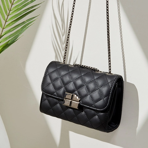 Women Quilted Crossbody Bag PU Leather Rhombic Pattern Metal Chain Strap Chocolate Lock Fashion Shoulder Purse