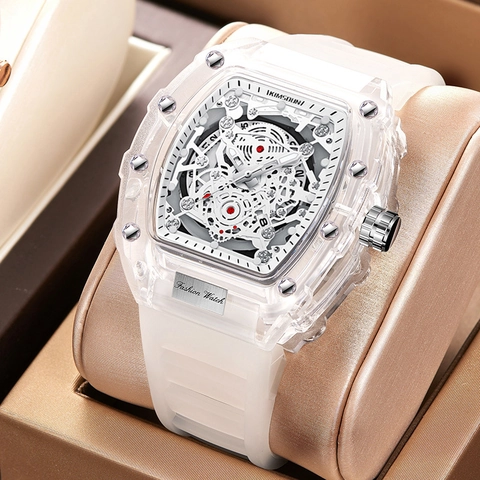 Men Fashion Transparent Tonneau Quartz Watch Hollow Dial Waterproof Luminous Silicone Strap Luxury Sport Wristwatch For Men
