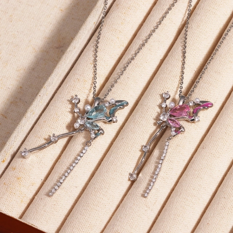 Schmetterling Anhänger Halskette Messing Mit Zirkon Und Kunstperle Elegante Lange Quaste Schmuck Für Frauen