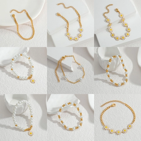 Elegante Pulsera De Flor De Margarita Cadena De Acero Inoxidable Con Perlas Artificiales Artificiales Joyería Pastoral Bohemia Para Mujeres