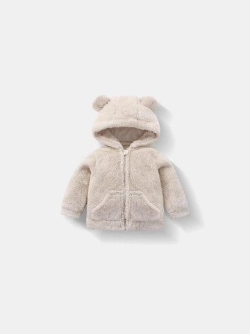 Baby Toddler Hooded Jacket Bear Ear Fleece Plush Warm Zipper Outerwear Coat Autumn Winter Solid Color Casual
