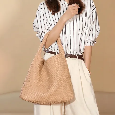 Handmade Woven Tote Bag PU Leather Fashion Hobo Shoulder Handbag With Matching Pouch For Women Casual Daily