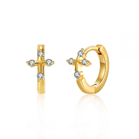 Orecchini a Cerchio con Croce in Rame con Perno in Argento Sterling 925 Minimalisti per Donna Gioielli Intarsiati con Zirconia Placcati Oro Argento