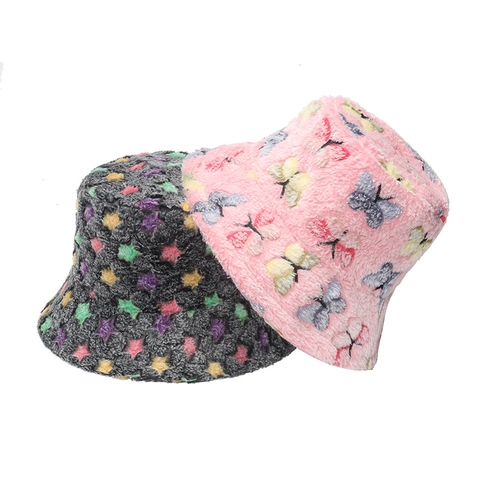 Plüsch Kunstpelz Fischerhut Warm Winddicht Stern Schmetterling Druck Winter Outdoor Mode Für Damen