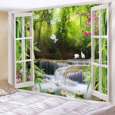 Landscape Tapestry 3D Window View Wall Hanging Polyester Fabric Decorative Background Cloth For Bedroom Living Room