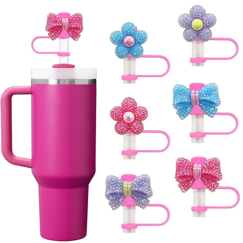 Rhinestone Straw Cover Cap For Tumbler Dustproof Bow Knot Flower Silicone Straw Topper Accessory Sparkling Decorative