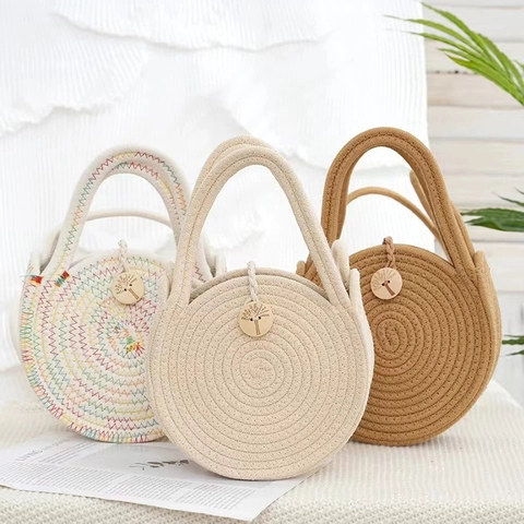 Runde Gewebte Umhängetasche Baumwollseil Stroh Schultertasche Sommer Strand Urlaub Boho Stil Für Damen