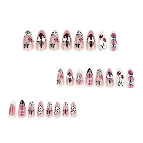 Mandel Press On Nails Y2K Sweet Cool Style Mit Schleife Leopard Print Kirsche Und 3D Kreuz Strass Falsche Nägel