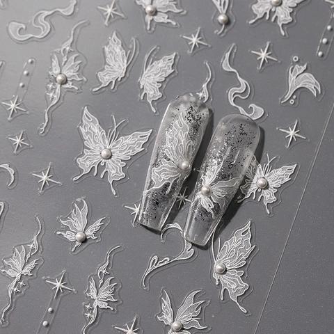 3D Embossed Nail Art Stickers White Butterfly Star Patterns Faux Artificial Pearl Decals PET Self Adhesive Manicure Decoration