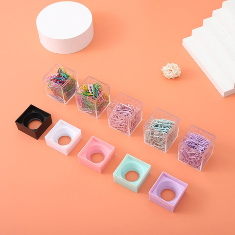 Magnetic Paper Clip Dispenser Square Transparent Plastic Desk Organizer With Colorful Metal Clips Macaron Tone Stationery