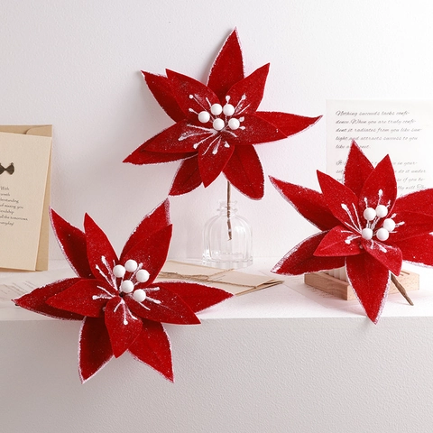 Fleurs De Poinsettia Artificielles De Noël Pailletées Velours Flocage Décoration Florale Maison Fête Ornement Festif Avec Tige