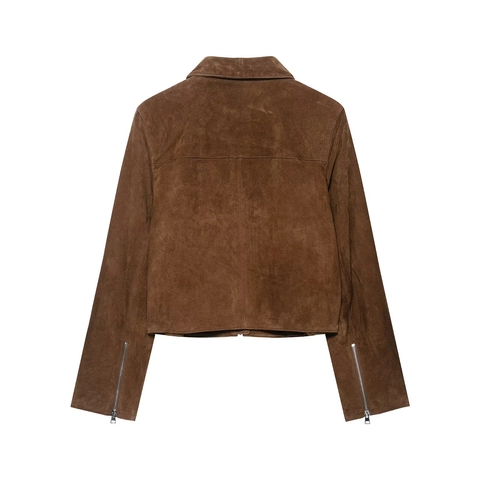 Damen Kurze Wildlederjacke Reißverschluss Reverskragen Langarm Kunstwildleder Kurze Oberbekleidung Einfarbig