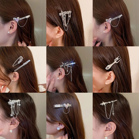Y2K Punk Hair Clips Sweet Heart Star Rhinestone Alloy Bangs Side Pin Faux Artificial Pearl Chain Tassel Durian Shape Headwear Styling