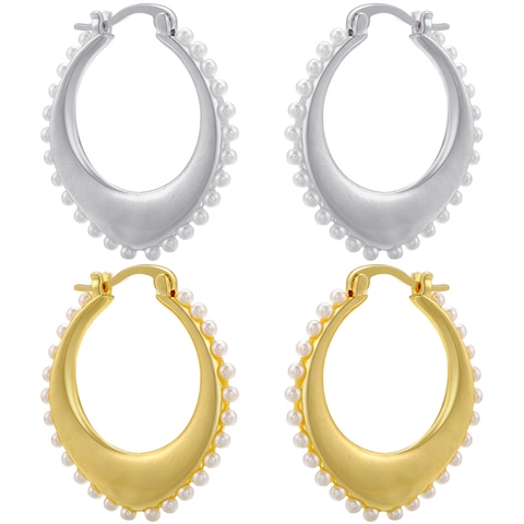 Französischer Retro C-förmige Creolen Für Damen Elegante Vergoldete Versilberte Kupfer Künstliche Perle Eingelegt Oval Ohrring Schmuck