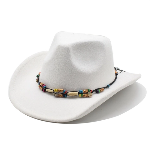 Western Cowboy Hat Wool Blend Felt Wide Brim Outdoor Ethnic Beaded Band Bohemian Style Sun Protection For Women Men