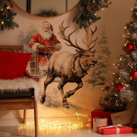 Weihnachten Weihnachtsmann Rentier Schlitten Wandaufkleber PVC Aquarell DIY Festliche Feiertag Haus Dekoration Wohnzimmer