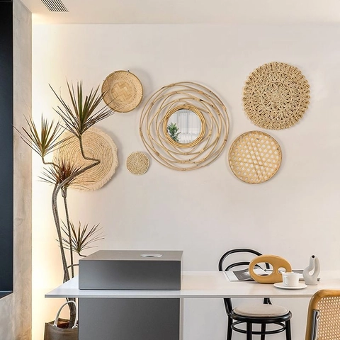 Boho Woven Wall Decor Handmade Rattan Straw Circular Hanging Ornaments Tassel Decorative Mirror Nordic Natural Style