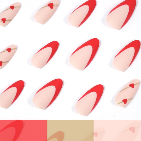 Rode Franse Tip Kunstnagels Amandelvorm Mat Nude Hart Gouden Lijn Plastic Kunstmatige Nagels Vrouwen Valentijnsdag