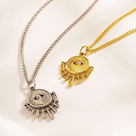 Evil Eye Sonne Anhänger Halskette Edelstahl Strahlender Zirkonia Himmlisch Damen Schmuck Vintage Stil