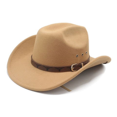 Western Cowboy Hat Wool Felt Wide Brim With Bull Head Leather Band Vintage Style Breathable Outdoor Accessory