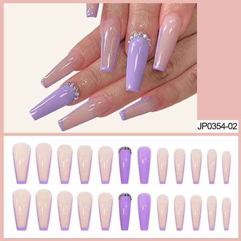 Long Coffin Press On Nails Purple French Design Rhinestone Accents Glossy Artificial Acrylic Nail Tips