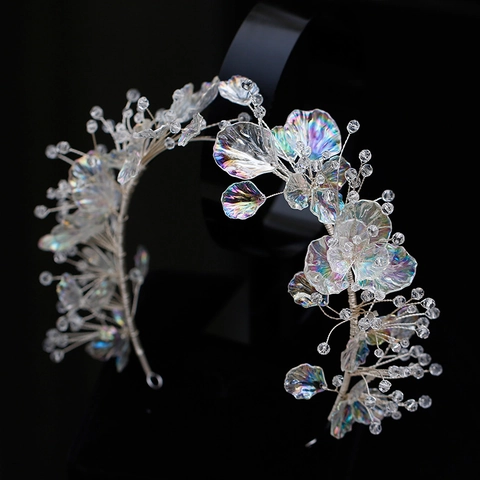 Diadema De Novia Elegante Cuentas De Cristal Hechas A Mano Pétalos De Flores Irisados Accesorios Para El Cabello De Boda Para Mujeres