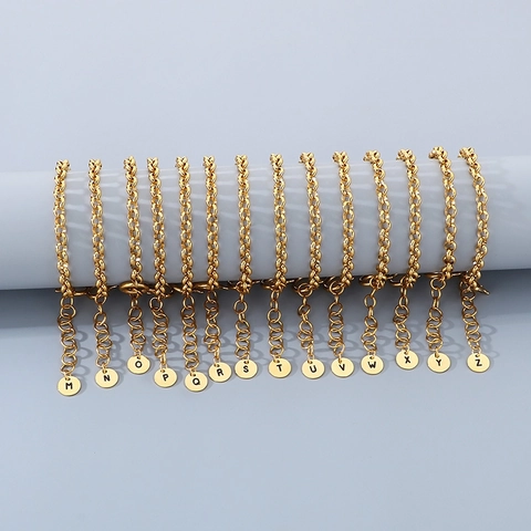 Pulsera Moda Acero Inoxidable 304 Letra Inicial Colgante Moneda Redonda Cadena Eslabones Gruesos Joyas Oro 18K Para Mujer